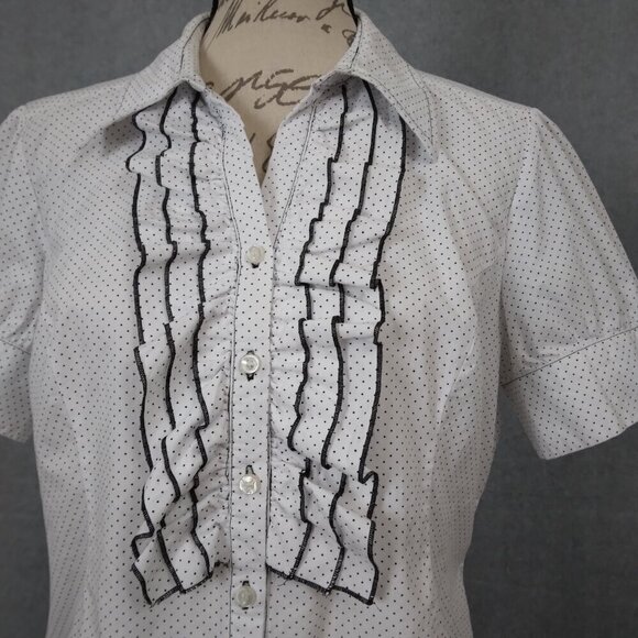 Spense | Polka Dot Ruffle Front Blouse Shirt White | Size L - Picture 4 of 9